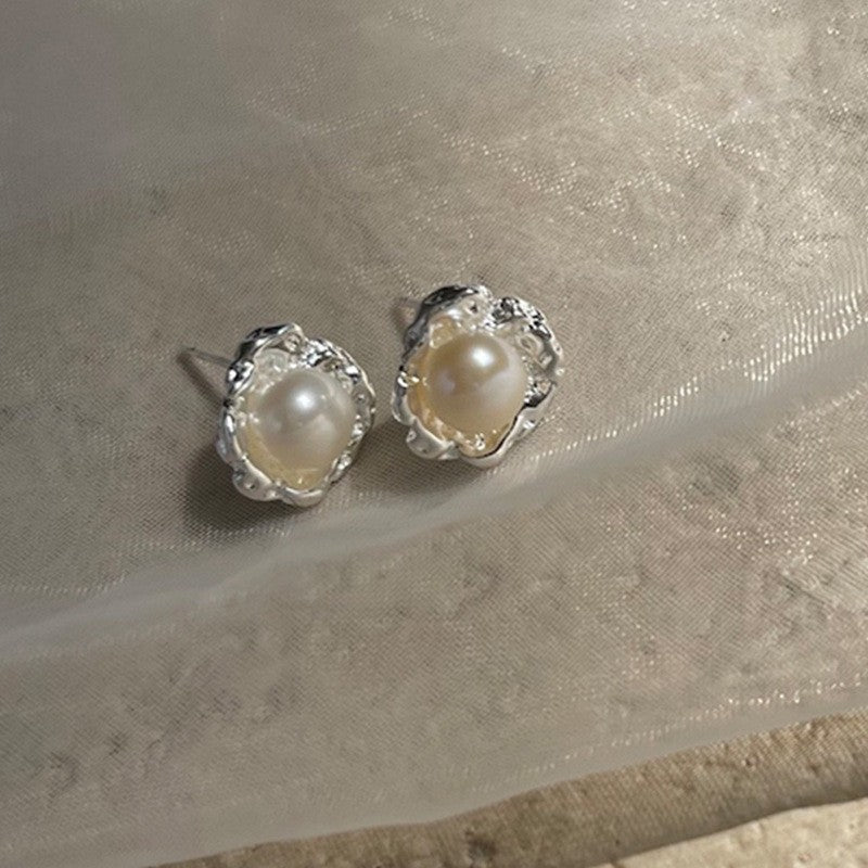 Vintage French Pearl Stud Earrings with Silver Pin Design