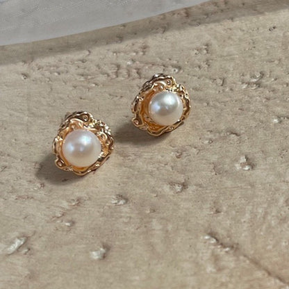 Vintage French Pearl Stud Earrings with Silver Pin Design
